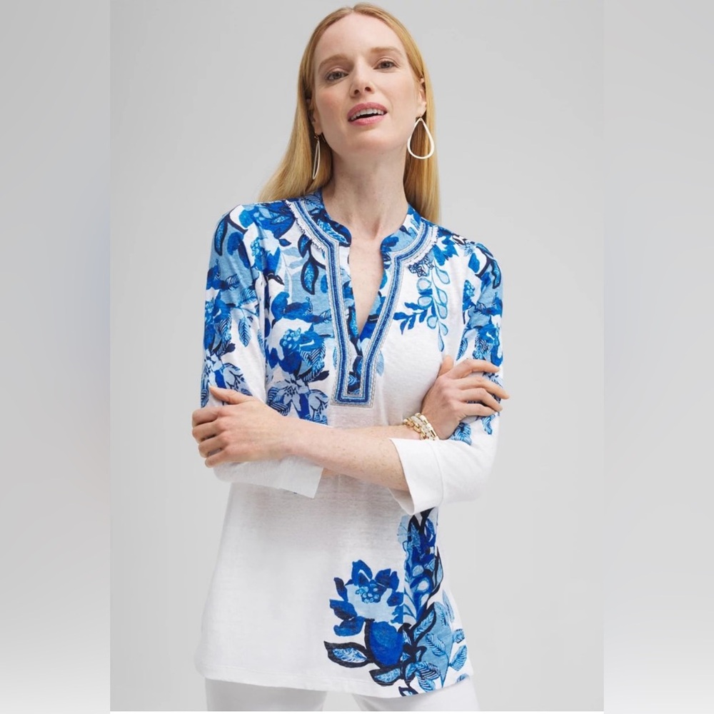 Chico's Women Tunic Tops Linen White Blue Floral Embellished beading Size 1